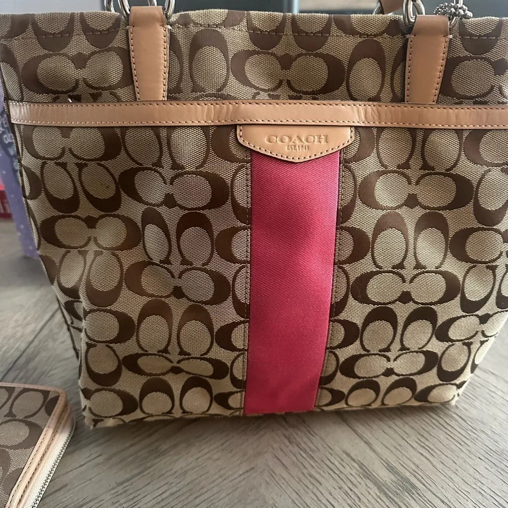 Coach Tan and Pink Signature Bag and Wallet Set - Picture 2 of 5